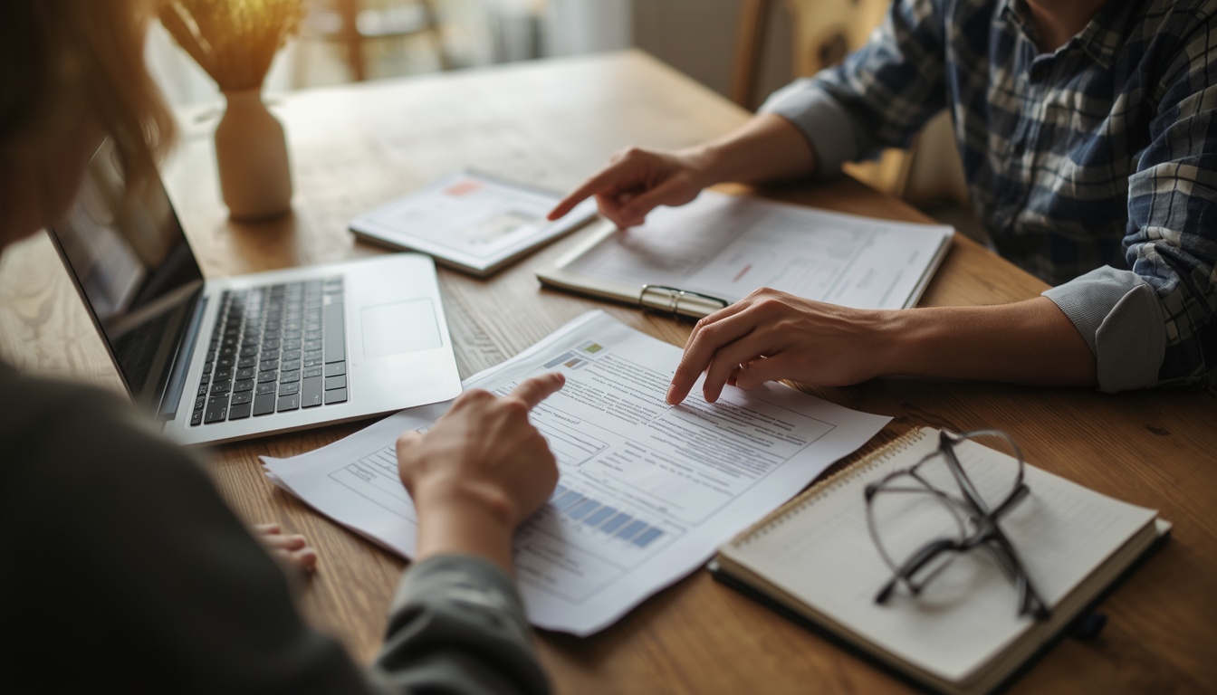 Two people reviewing documents together at a kitchen table
