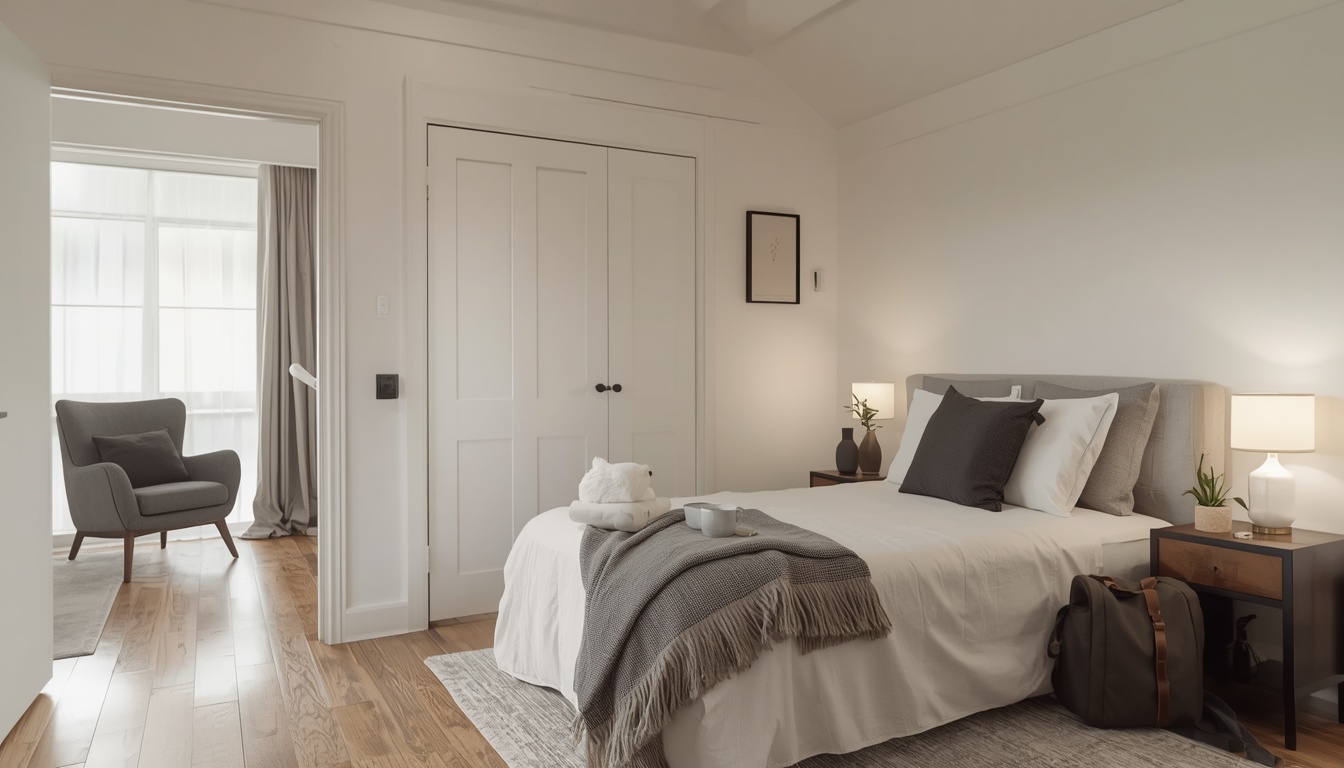 A comfortable, accessible guest room with a made bed and armchair